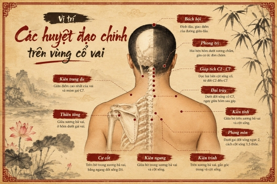 Vị trí các huyệt đạo chính trên vùng cổ vai